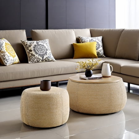 MDQMD Natural Round Ottoman with Storage Set of 2,Ottoman Coffee Table,with Removable Wood Tray,Handmade Pleated Circle Fabric Storage, End Table & Footstool for Living Room