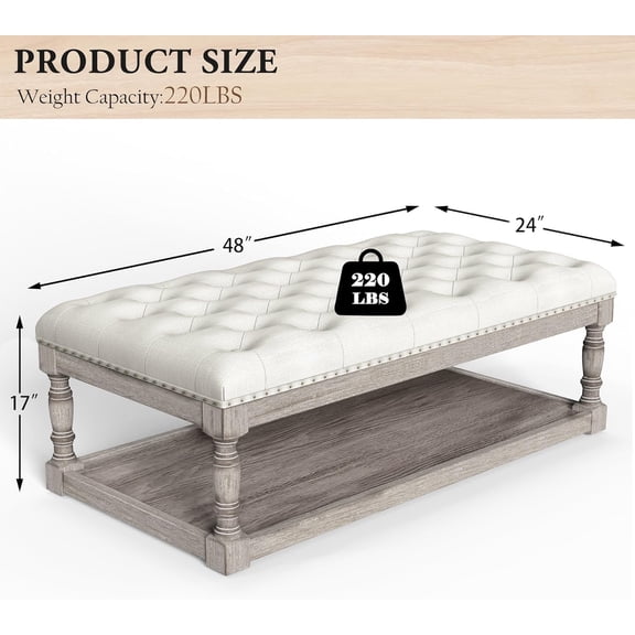 Ottoman Coffee Table with Storage - Large Rectangular Upholstered Bench for Living Room, Tufted Linen Fabric Solid Wood Shelf Entryway Seat (Ivory)