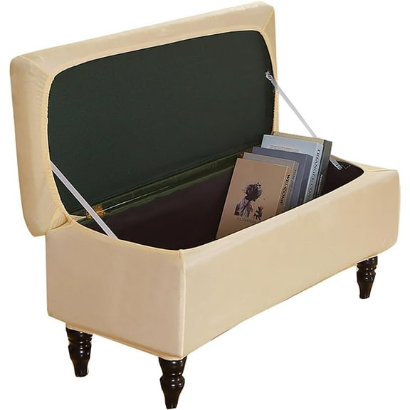 Ottoman Cover Rectangle, Stretch Velvet Storage Ottoman Cover Ottoman Covers Slipcover Rectangle-Removable Storage Bench Cover Folding Ottoman Covers with Elastic Bands Ties,Beige,Medium