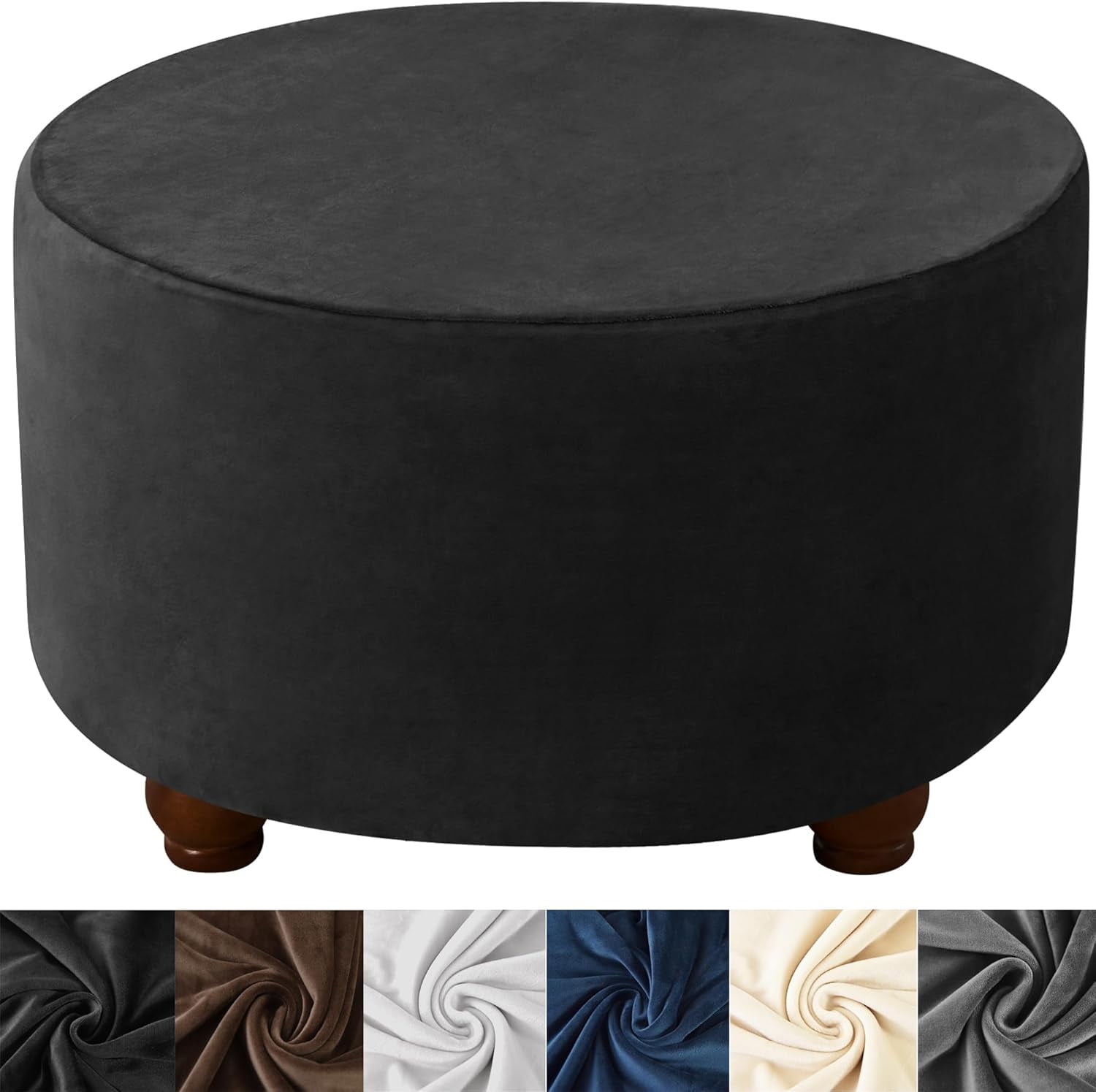 Ottoman Cover Round, Stretch Velvet Round Ottoman Cover,Black Round ...
