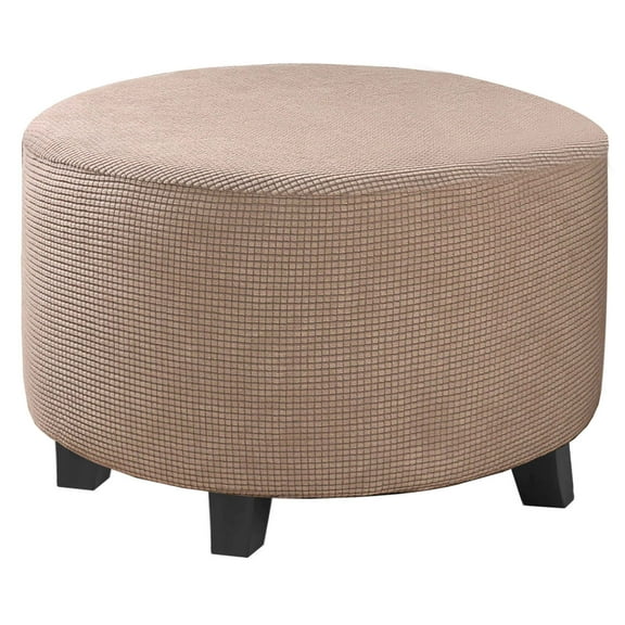 Ottoman Cover Round,Thick Stretch Low Bench Cover,Solid Color Jacquard Footrest Stool Protector Sofa Cover For Living Room-Khaki-Medium