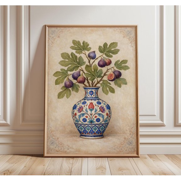 Ottoman Fig Vase Print Islamic Botanical Wall Art Iznik Tile Vase Neutral Fig Branch Art Traditional Floral Decor, Unframed Paper Print