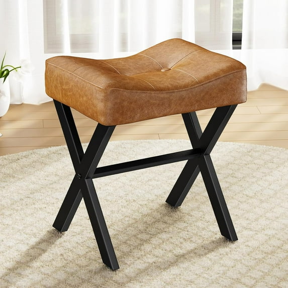 Ottoman Foot Rest, 18 inch Leather Vanity Stool Chair, Thick Padded Saddle Seat with Metal X-Leg, Small Chair Under Desk for Vanity, Living Room, Couch-Brown