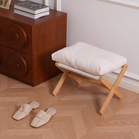 Ottoman Foot Rest- Bamboo Foldable Stool, Foot Stools Small Ottman with Upholstered & X Legs, Folding Stool for Makeup, Bedroom and Living Room (Small Beige)