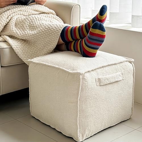 Ottoman Foot Rest Square Pouf with Side Handles - Soft Fabric with Storage, Easy to Move for Living Room, Home Decor & Daily Lounging,A Square Modern Foam Filled Foot Stool Perfect to Rest Your Feet