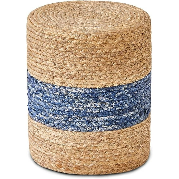 Ottoman Foot Rest Stool Round Natural Seagrass Foot Stool Hand-Woven Boho Pouf Ottomans Home Decor Footstool Extra Seating for Living Room Bedroom Entryway Blue