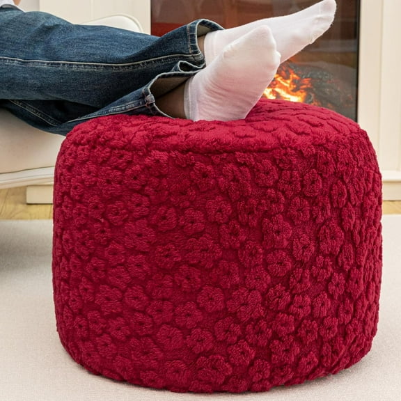 Ottoman Foot Rest Stuffed Round Boho Floor Poof Seating Armchair Ottoman Foot Stool Floor Cushion Bean Bag Pouf 18x18x14 Inch Burgundy