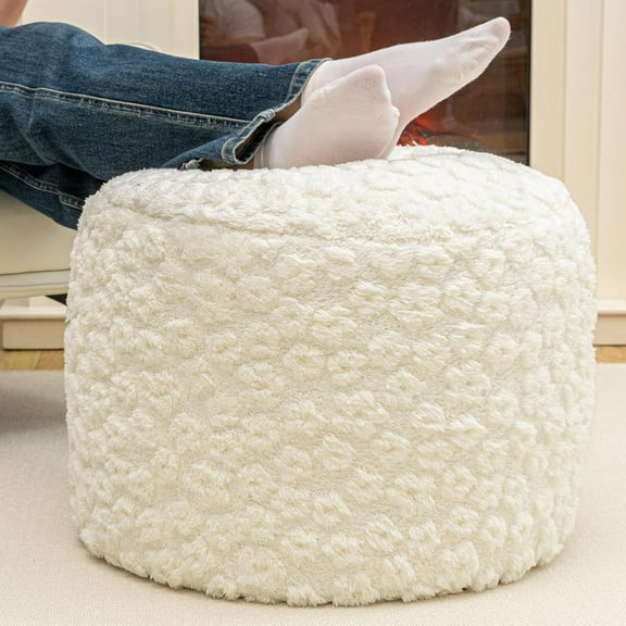 Ottoman Foot Rest Stuffed Round Boho Floor Poof Seating Armchair Ottoman Foot Stool Floor Cushion Bean Bag Pouf 18x18x14 Inch Cream White