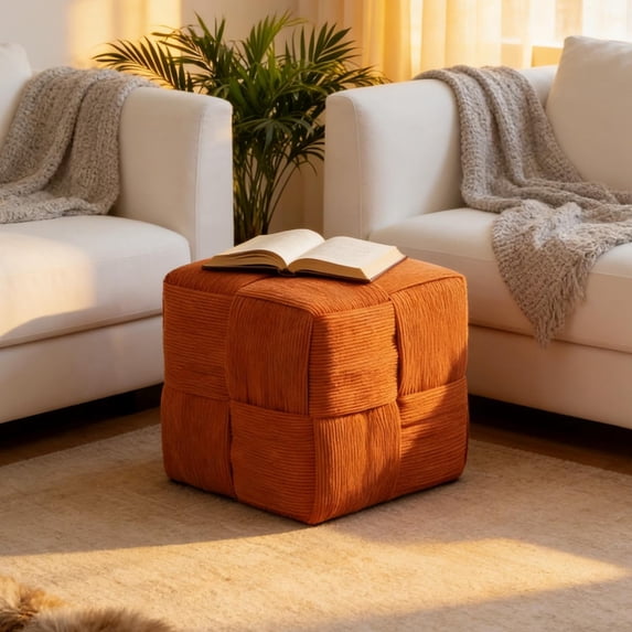 Ottoman Foot Stool, Square Ottoman, Corduroy Ottoman with Soft Woven Fabric, Compact Footrest for Living Room Bedroom Dorm, Sturdy Frame, Brown, 14.2 Inch