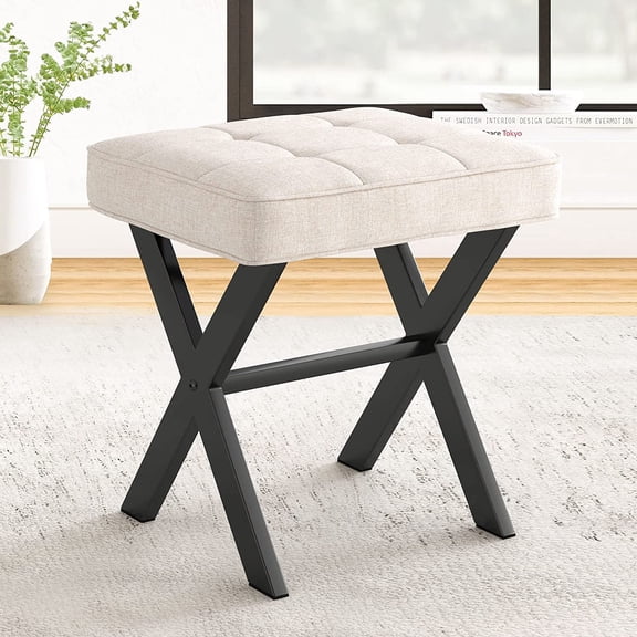 Ottoman Foot Stool Vanity Stool, Square Linen X-Leg Foot Rest Ottoman Makeup Stool, Small Stool Chair for Vanity, Modern Padded Vanity Seat for Makeup Room, Living Room, Bathroom, Linen Color