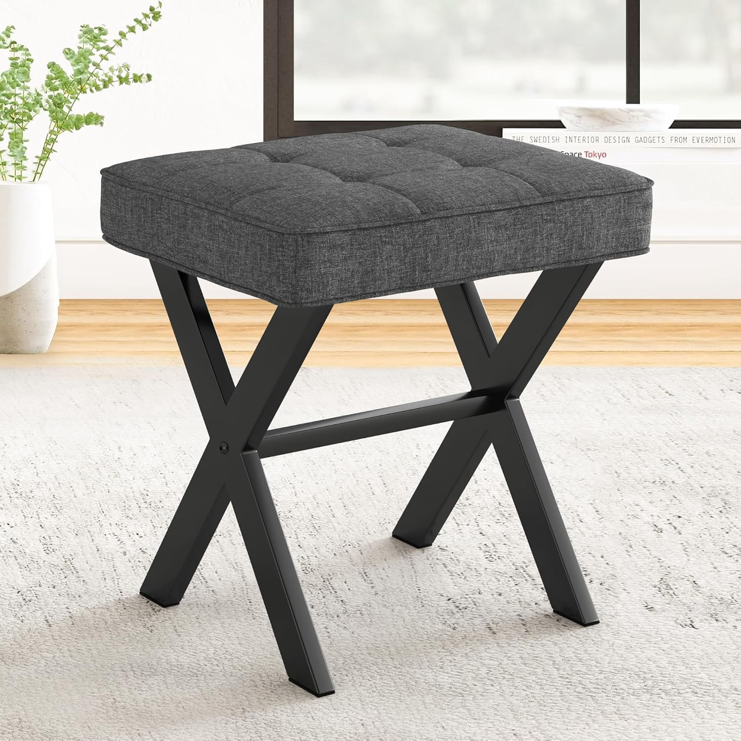 Ottoman Foot Stool Vanity Stool, Square Linen X-Leg Foot Rest Ottoman ...
