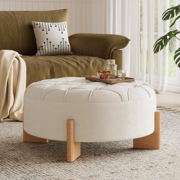 Ottoman, Footrest, Coffee Table, Round Tufted Stool with Sturdy Solid Wood L-Shaped Legs and Classic Piping Design, Chenille Fabric, for Living Room, Beige