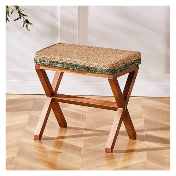 Ottoman Footstool Natural Seagrass Footrest Pouf Ottomans with X Wooden Legs Rectangular Hand Weaving Foot Rest for Living Room Patio Balcony 17 inch as picture