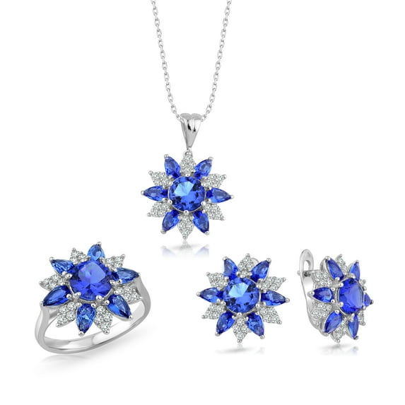 Ottoman Look Flower Sapphire Gemstone 5 Piece Jewelry Set 925 Sterling