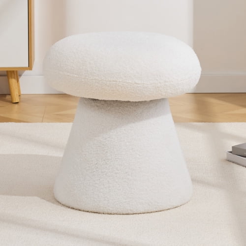 Ottoman Mushroom Shaped Teddy Fabric Footstool with 360° Swivel, Soft Padded Stool for Bedroom Living Room Entryway, White