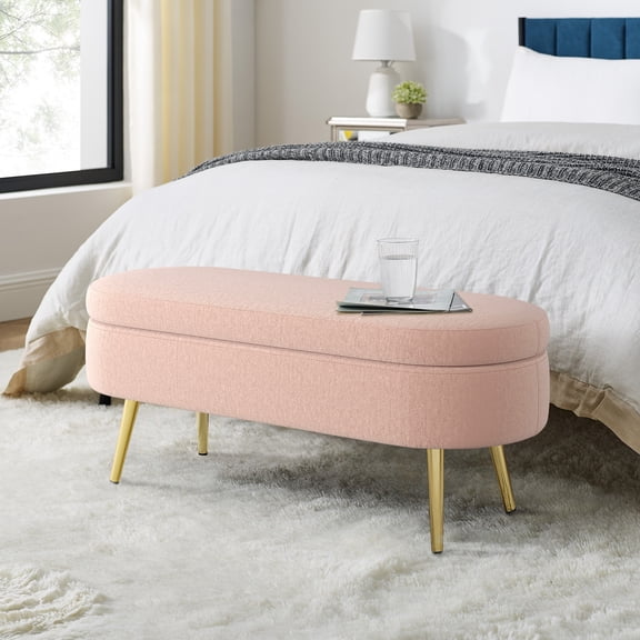 Ottoman Oval Storage Bench, Flannel with Metal Legs-Pink(43.5"x16"x16")