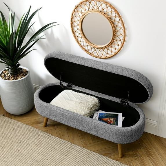 Ottoman Oval Storage Bench, Linen Upholstered Bench with Rubber Wood Legs and Storage Space, Footstool Ottoman for Living Room, Entryway, Bedroom and Window Seating, Grey