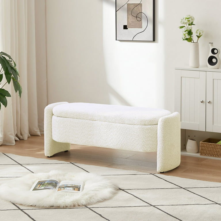 Ottoman Oval Storage Bench, Multi-Functional 3D Lamb Fleece Fabric