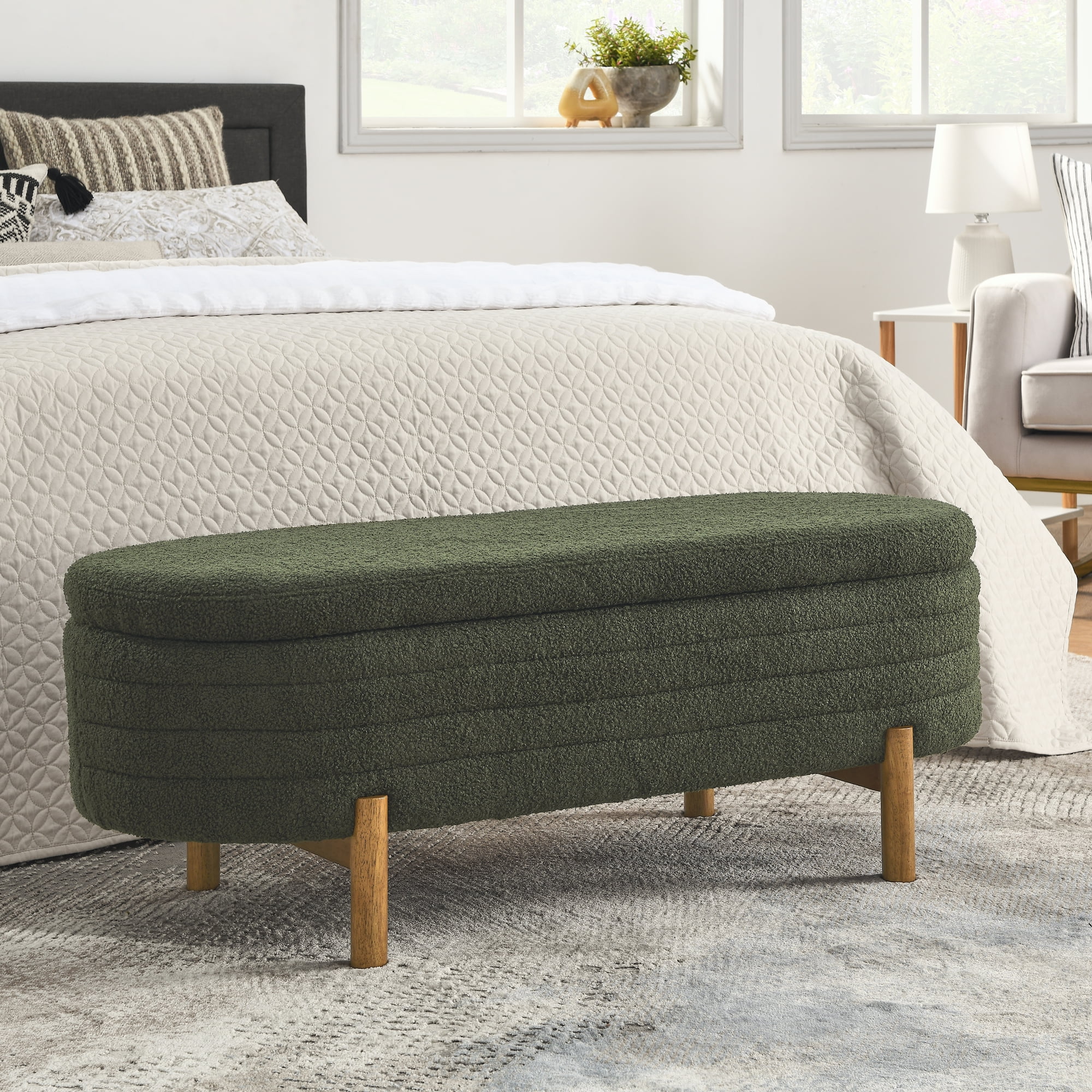Ottoman Oval Storage Bench,Rubber Wood Leg,Green(46."X17.7"X10.8"),Green Foam Furniture Primary ...