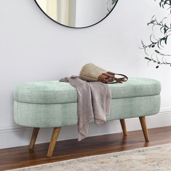 Ottoman Oval Storage Bench Cyan  Foam Fabric Footstool with Rubber Wood Legs, Upholstered Seat for Living Room Entryway, Handmade Pleated Design