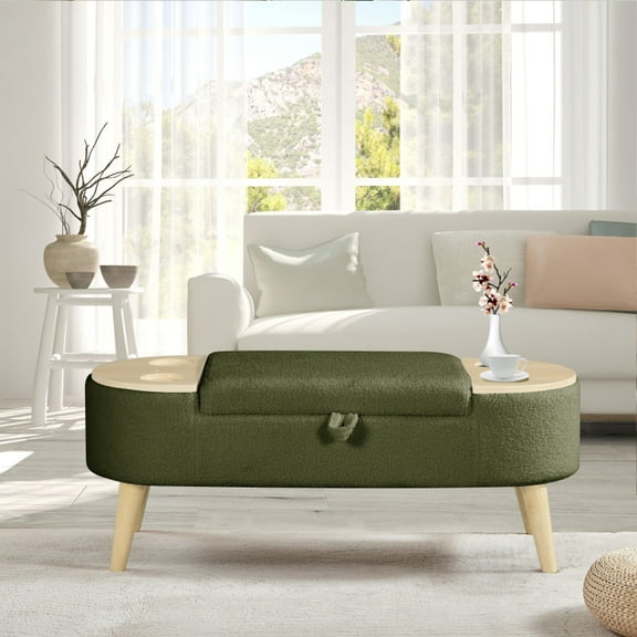 Ottoman Oval Storage bench 3D pile fabric bench with large storage space for living room, entryway and bedroom inGreen