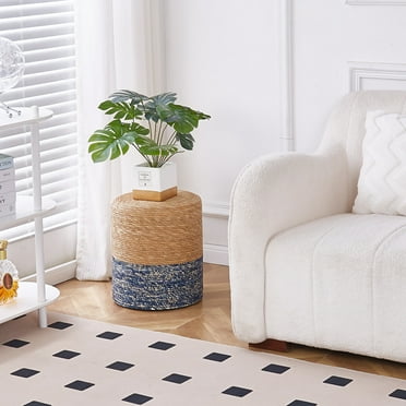Ottoman Poof, Natural Seagrass Poufs, Hand Weave Round Footstool, Pouffe Accent Chair, Sitting Braided Footrest W/Jute Cover, Boho Chair for Living Room