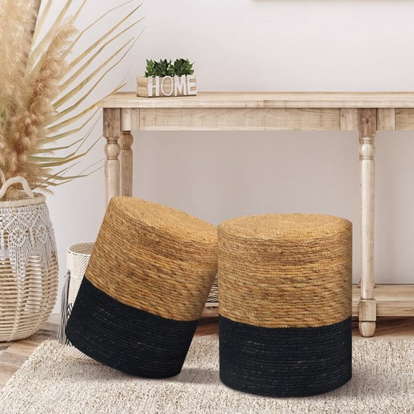 Ottoman Poof, Natural Seagrass Poufs, Hand Weave Round Footstool, Pouffe Accent Chair, Sitting Braided Footrest W/Jute Cover, Home Decorative Seat for Living Room
