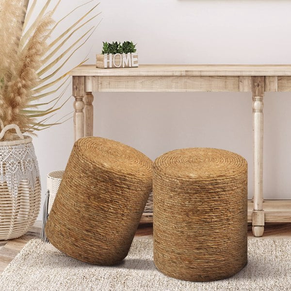 Ottoman Poof, Natural Seagrass Poufs, Hand Weave Round Footstool, Pouffe Accent Chair, Sitting Braided Footrest W/Jute Cover, Home Decorative Seat for Living Room