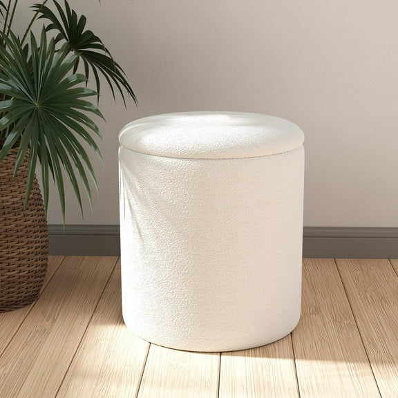 Ottoman Poufs with Storage, 14" H Soft Teddy Fleece Upholstered Vanity Stool,Multifunctional Ottomans Wood Tray Lid Coffee Table Padded Seat Foot Rest for Living(White)