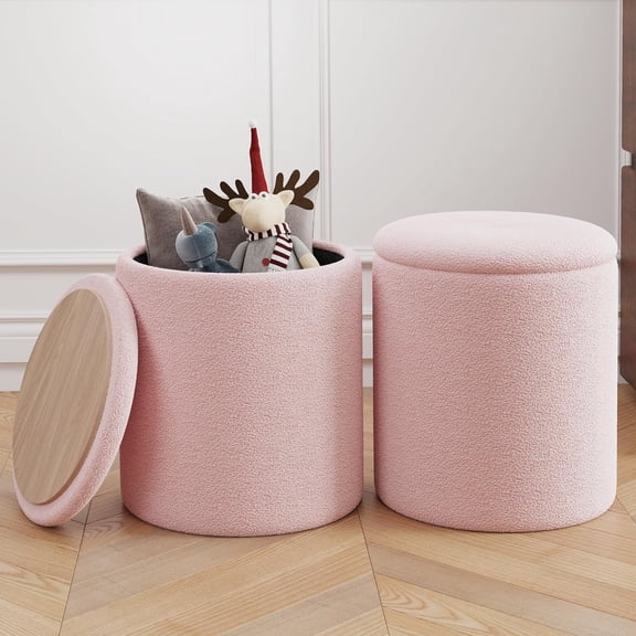 Ottoman Poufs with Storage, Set of 2 Soft Upholstered Vanity Stool,Multifunctional Ottomans Coffee Table Padded Seat Foot Rest for LivingPink, Pack of 2