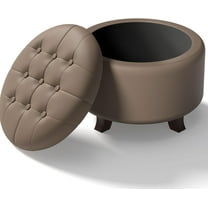 Ottoman,Round Leather Foot Rest Stool, Upholstered Large Ottoman Chair with Storage for Living Room & Bedroom, Decorative Home Furniture, Brown