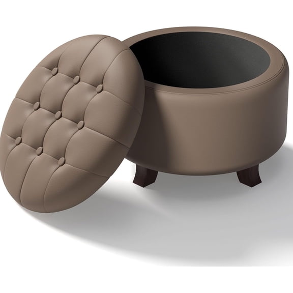 Ottoman,Round Leather Foot Rest Stool, Upholstered Large Ottoman Chair with Storage for Living Room & Bedroom, Decorative Home Furniture, Brown