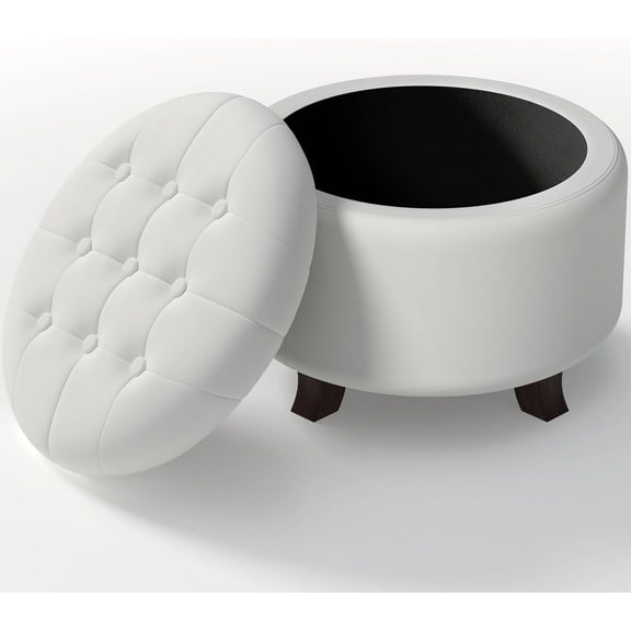 Ottoman,Round Leather Foot Rest Stool, Upholstered Large Ottoman Chair with Storage for Living Room & Bedroom, Decorative Home Furniture, White