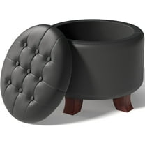 Ottoman,Round Leather Foot Rest Stool, Upholstered Small Ottoman Chair with Storage for Living Room & Bedroom, Decorative Home Furniture, Black