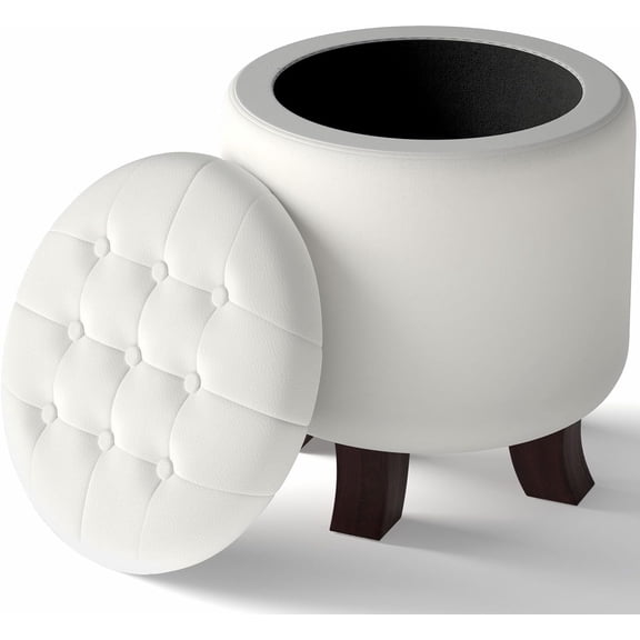 Ottoman,Round Leather Foot Rest Stool, Upholstered Small Ottoman Chair with Storage for Living Room & Bedroom, Decorative Home Furniture, White