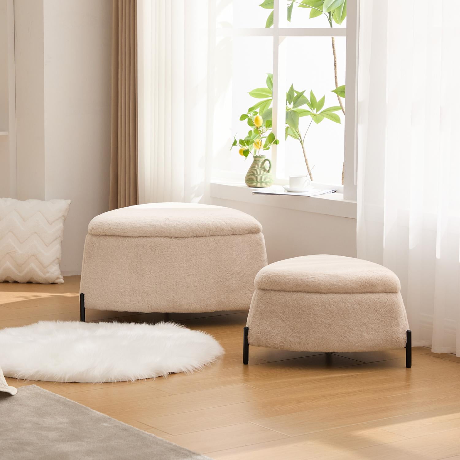 Ottoman Set, Light Camel Faux Fur 2-Piece Set with Large Ottoman Featuring Reversible Wooden Tray Lid and Small Hidden Ottoman, for Footrest, Coffee Table, Seating