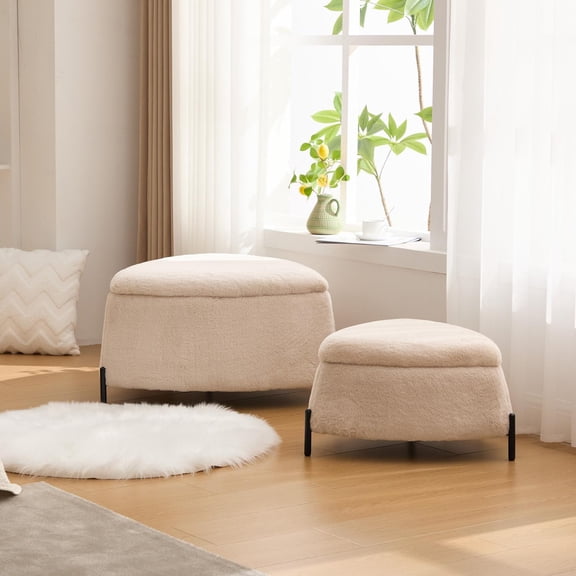 Ottoman Set, Light Camel Faux Fur 2-Piece Set with Large Ottoman Featuring Reversible Wooden Tray Lid and Small Hidden Ottoman, for Footrest, Coffee Table, Seating