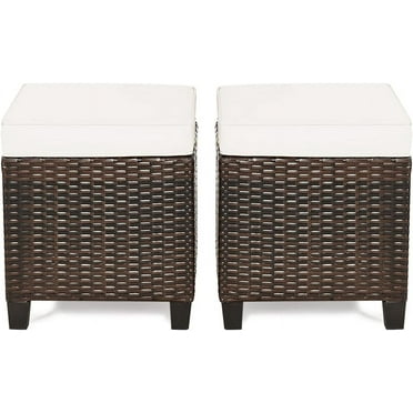 Ottoman Set - Wicker Footstools, All Weather PE Rattan Ottoman with Removable Cushions, Square Footrest Seat, Outdoor Stools for Garden, Porch, Pouf Ottoman (Cream)