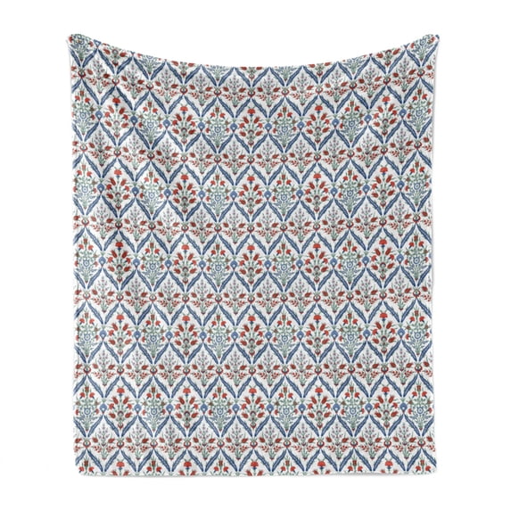 Ottoman Soft Flannel Fleece Blanket, Turkish Traditional Ceramic Tulip Patterns with Cultural Ottoman Royal Lines Design, Cozy Plush for Indoor and Outdoor Use, 50" x 70", Multicolor, by Ambesonne
