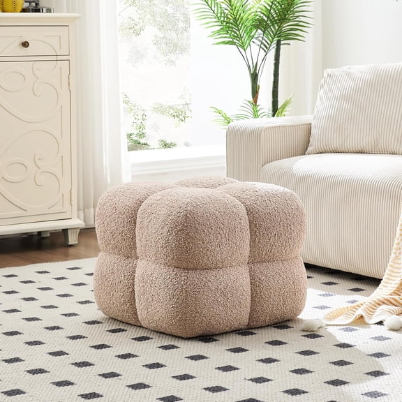 Ottoman Stool, Boucle Ottoman Coffee Table with with Full Coverage, Modern Vanity Stool, Upholstered Tufted Foot Rest Pouf for Bedroom, Living Room, Entryway