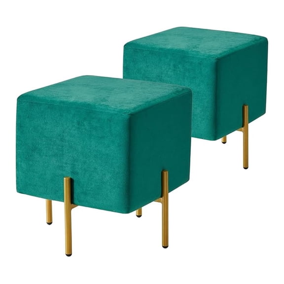 Ottoman Stool Set of 2, Modern Emerald Green Vanity Stool Square, Foot Stool, Upholstered Foot Rest Ottoman Cube with Metal Legs (Green)