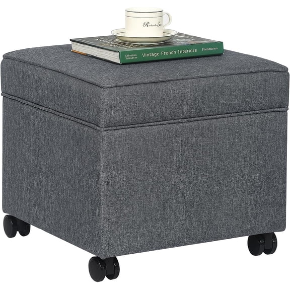 Ottoman with Storage, 17Inch High Fabric Foot Stools Ottoman for Living Room, Upholstered Square Storage Ottomans Foot Rest, Bedroom Footstools and Ottomans with Wheels, Dark Grey