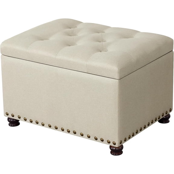 Ottoman with Storage,24" Fabric Ottoman Foot Rest with Hinged Lid Small Rectangle Upholstered Button Tufted Foot Stools Ottomans for Bedroom Living Room Entryway,Beige