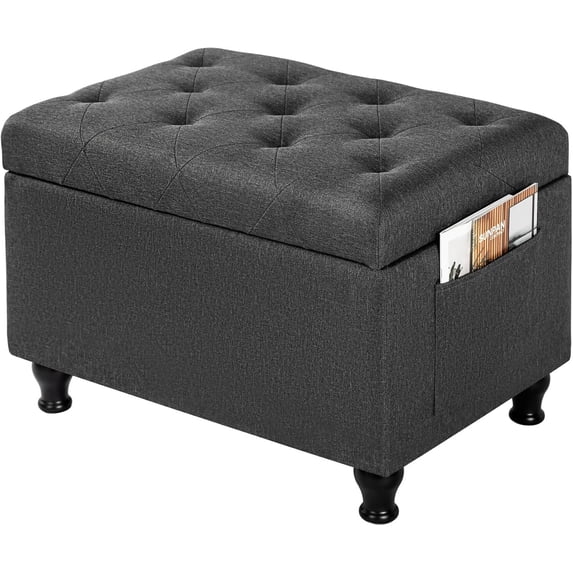 Ottoman with Storage 24'' Storage Ottomans Linen Fabric Ottoman Footstools Small Upholstered Foot Rest Stool for Couch, Living Room, Bedroom, Entrance Shoe Dark Grey