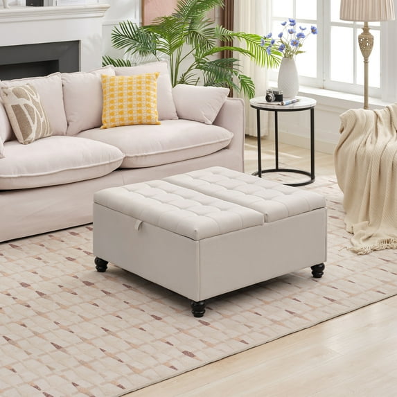 Ottoman with Storage, 35" Extra Large Storage Ottoman Coffee Table with Lift Top, Oversized Square Ottoman with Storage for Living Room, Tufted Linen Ottoman Foot Rest for Bedroom