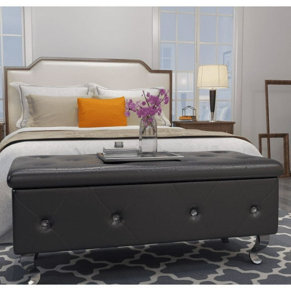 Ottoman with Storage, 37.4-inch Storage Ottoman Bench with PU Faux Leather, Bedroom Bench Safety Hinge Ottoman in Upholstered Fabrics, Large Storage Bench for Bedroom, Living Room (Black)