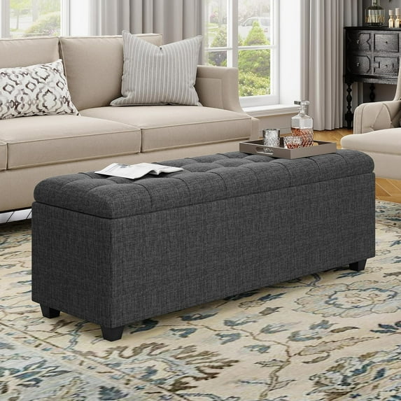 Ottoman with Storage 38 inches, Furniture End of Bed Storage Benches, Long Ottomans Bench with hinged lid, Bench seat Trunk for Foot Rest in Bedroom, Living Room (Dark Grey)