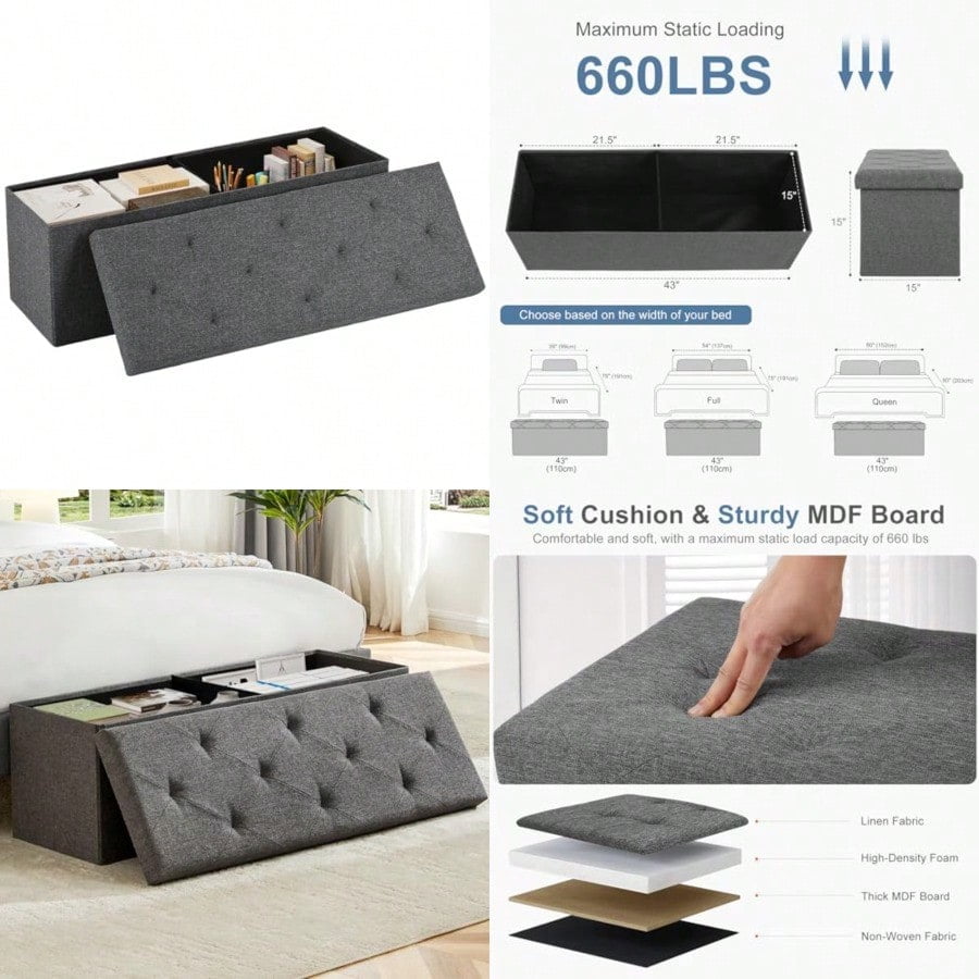 Ottoman with Storage Bench-43 Inches Folding Foot Rest Stool with ...