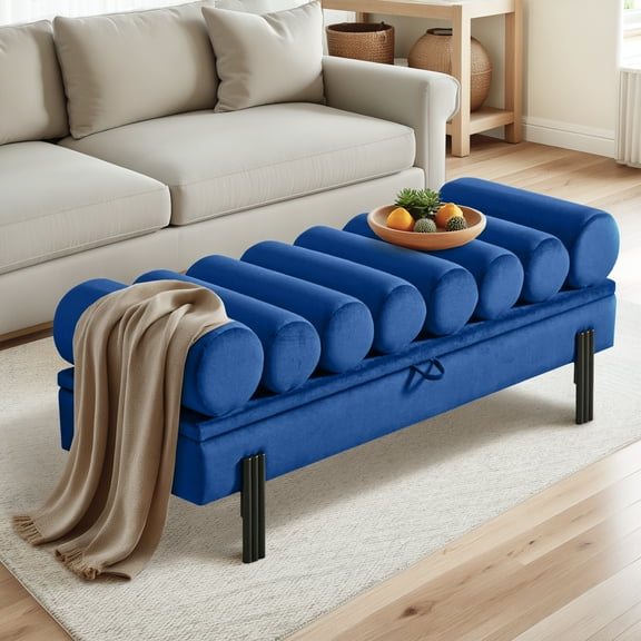 Ottoman with Storage Bench - 53'' Large Size Wave Shape Bedside Bench,Safety Close Hinge,Granular Velvet Fabric, Metal Feet,Suitable Living Room,Entryway,Hallway,Bedroom and Bed End-Blue