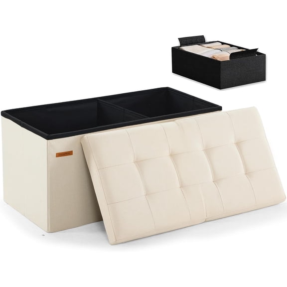 Ottoman with Storage Bench Folding Foot Rest Stool Linen Beige | 31.5", Flip Lid, Small Upholstered Foldable Footrest Footstool, Bedroom Bench, Living Room Dorm Ottoman, Rectangle
